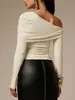 Camiseta de Manga Larga Asimétrica Cruzada Europea y Americana de un Solo Hombro Descubierto con Pliegues para Mujer, Look Adelgazante, Top de un Solo Hombro de Gama Alta