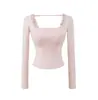 Camiseta Básica Corta Adelgazante de Color Sólido Estilo Americano Nuevo para Chica Popular, Manga Larga con Cuello Cuadrado de Encaje para Mujer, Primavera y Otoño 2026