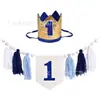Banderín de Decoración para Fiesta de Cumpleaños Infantil, Sombrero de Corona Número 1, Asiento para Bebé, Cuentas de Madera, Banderín de Borlas de Hilo