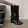 Botas Largas Retro de Tacón Grueso Puntiagudas Fruncidas para Mujer 2026 Otoño/Invierno Nuevo Estilo Piel Suave Doble Hebilla Adelgazantes de Moda Botas de Piel