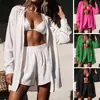 Conjunto de Cardigan Camisa Transparente de Color Sólido de Nuevo Estilo Transfronterizo Europeo y Americano para Resort con Shorts Cubierta de Playa Casual