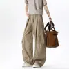Pantalones casuales de pierna recta con diseño estilo callejero, pantalones cargo de pierna ancha con arrugas elegantes para hombre, marca de moda, corte holgado, algodón, aspecto lavado, estilo americano