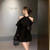 Vestido Sexy Puro Deseo de Hombros Caídos con Cuello Halter y Mangas Largas para Mujer, Estilo Coreano, Cintura A-Line Adelgazante, Vestido Corto Negro Elegante para Primavera y Otoño