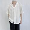 Estilo Maduro Ligero Ropa de Hombre Colgante Seda de Hielo Cuello Cubano Textura Rayada Camisa de Manga Corta Estilo de Diseño Cachorro Guapo Camisa de Media Manga