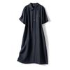 Vestido cortavientos largo recto holgado de lino de una sola pieza retro para el trabajo, línea de exhibición, tapeta oscura, cuello puntiagudo, manga corta