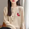 Suéter casual estilo coreano con bordado de caballito, cárdigan de punto rojo casual holgado con cuello redondo para mujer
