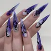 Unhas Postiças Removíveis Manicure Patch de Unha com Ponta Longa Gradiente Branco Leitoso Roxo Linhas Irregulares Pó Solto