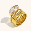 Moda Transfronteriza Europea y Americana Elegante Nicho Joyería de Mano de Alta Gama Acero Inoxidable Chapado en Oro de 18K Dos Anillos Apilados de Circonita Marquise