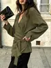 Suéter retro de retazos con abertura para mujer con cuello en V cruzado, ajuste irregular en la cintura y diseño de correa de amarre, top elegante