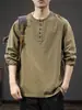 Nueva Camiseta Casual de Algodón Puro para Hombre, Manga Larga, Holgada y Delgada, Tendencia Primavera y Otoño, Marca, Cuello Henley, Camiseta Base Sudadera
