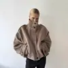 Abrigo de lana de alta calidad, elegante, con cuello alto, gris, transfronterizo europeo y americano, chaqueta casual holgada para mujer para otoño e invierno