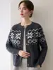 Cardigan de Cashmere Redondo com Padrão de Floco de Neve Geométrico Fair Isle para Mulheres Botão Espessado Suéter Malha Retrô Casaco