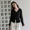 Suéter de malha com cordão na cintura e decote em V para mulheres, novo design de outono com detalhes vazados, top afunilado 2447
