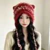 Chapéu de tricô colorido com orelhas de gato fofas para mulheres, novo estilo outono/inverno, design doce com franjas, com amarrações para cobrir as orelhas, chapéu de lã quente