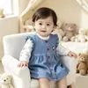 Conjunto de Vestido Chaleco de Mezclilla para Niñas Primavera y Otoño con Camisa Blanca de Encaje Dos Piezas Lindo Vestido de Princesa Bordado