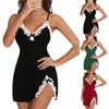 Lencería Sexy Europea y Americana Tallas Grandes Push-up Sexy Escote en V Profundo Moño Abertura Lateral Camisola Adelgazante Conjunto de Camisón para Mujer