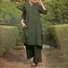 Comércio Exterior Transfronteiriço Aliexpress Primavera/Verão 2026 Moda Esportiva Feminina Plus Size Algodão Linho Decote V Manga 3/4 Calça Wide Leg Conjunto de 2 Peças