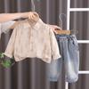 Otoño 2024 nueva camisa retro de solapa para niños traje de manga larga pantalones vaqueros casuales para niños conjunto de dos piezas