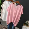 Verano Nuevo Gordo mm 1.0-150 kg Talla Extra Grande Holgada Delgada Cuello en V Manga Corta Camiseta para Mujer Seda de Hielo Versátil Top de Moda