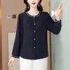 Camisa de algodón y lino bordada para mujer, nueva blusa elegante vintage que rejuvenece para el otoño de 2025, top moderno de algodón y lino