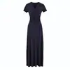Vestido curto sexy e chique estilo francês com franzidos e nó no decote V de manga curta para mulheres, saia longa de verão que afina a cintura com barra larga