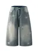 Calça Jeans Cropped Versátil Estampada de Estrela Estilo Americano Picante Transfronteiriça Verão Solta Emagrecedora Preguiçosa Perna Larga Comprimento Médio