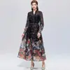 Vestido Floral Romántico Francés Transfronterizo con Cuello en V, Mangas de Linterna, Cintura de Corbata y Falda Midi Adelgazante para Mujer