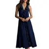 Estilo Novo Europeu e Americano Transfronteiriço Verão 2026 Roupas Femininas Temperamento Casual Solto Cor Sólida Decote V Sem Mangas Bolso Vestido