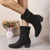 Cross2026 Otoño Invierno Nuevas Botas Apiladas de Gamuza Fruncidas a Mitad de Pantorrilla Tacón Grueso Punta Fina Tacones Altos Botas de Moda Comercio Exterior para Mujer