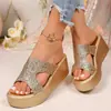2026 Sandalias de Plataforma Impermeables para Exteriores Doradas Transparentes Zapatos de Celebridad de Internet para Mujer Verano Transfronterizo Nuevo Sandalias de Cuña con Lentejuelas para Mujer