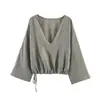 Comércio Exterior Transfronteiriço Verão Feminino Casual Gola V Manga Longa Solta Curta Camisa Top Calça Longa de Cintura Alta Conjunto
