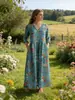 Vestido Retro Floral Más Vendido de Amazon para Mujer, Cuello en V, Mangas Tres Cuartos, Corte Holgado Estilo Vacaciones, Ropa para Mujer en Stock