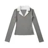 25 Nuevos Estilos de Otoño Cuello de Camisa Manga Larga Tops Casuales Camisetas Base Camisetas para Mujer Estilo Europeo y Americano Costura Colores Contrastantes