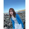 Cardigan de Tricô Azul Gelo de Seda Coreano com Proteção Solar para Mulheres, Peça de Roupa Externa Camisole de Verão, Top Curto Ajustado para Ar Condicionado