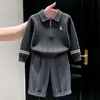 Conjunto de Moda para Niños Primavera y Otoño Modelo 2026 Gris Oscuro Polo Bordado Suéter de Punto Traje Infantil Pantalones Casuales