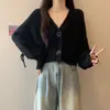 Outono/Inverno 2026 Novo Cardigan de Tricô Casual Solto com Decote V Manga Longa Feminino Corda com Laço Suéter Curto Roupa Feminina