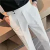 Pantalones de Negocios Formales Estilo Británico para Hombre, Pantalones de Traje Cropped Ajustados de Moda Otoñal, Pantalones Casuales para Hombre de Color Sólido