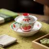 Tazón de dos piezas con tapa, patrón de encaje de fresa pintado a mano con color bajo vidriado, Tazón de té con color bajo vidriado, Juego de té Kung Fu estilo lindo en color esmalte