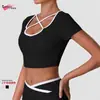 Roupa de Yoga Cor de Verão Color Block Vazado Cropped com Bojo Camiseta Crop Top para Esportes ao Ar Livre Fitness