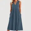 2026 Roupas Femininas Europeias e Americanas de Comércio Exterior Transfronteiriço Amazon Cor Sólida Pulôver Gola V Sem Mangas Algodão Solto Vestido