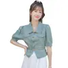 Diseño de Alta Gama Estilo Hong Kong Moda Retro Ajustado Mangas Abullonadas Mezclilla Manga Corta Top