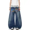 Jeans anchos de pierna con estampado de letras de bandera lavada estilo retro americano para hombres y mujeres, corte holgado, pantalones de largo completo, directo del fabricante