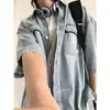 Camisa Jeans Vintage Lavada de Manga Curta para Homens, Jaqueta Camisa Japonesa Cityboy Fina de Meia Manga para o Verão