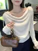 Camiseta de manga larga con hombros descubiertos y detalle de lazo para mujer, nuevo estilo otoño/invierno 2026, cintura fruncida, adelgazante, top elegante