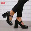 LiuFu En Stock Deseo Comercio Exterior Nueva Moda Europea y Americana Talla Grande Tacón Grueso Punta Cuadrada Hebilla Zapatos de Moda para Mujer