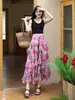 Falda cruzada europea y americana para adelgazar con estampado floral para mujer, nuevo estilo de verano con estampado de malla, falda abullonada línea A tipo pastel, falda larga