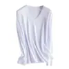 [Processamento Personalizado] Camiseta de Manga Longa para Mulheres em Seda de Amora e Algodão Mercerizado, Corte Solto, Emagrecedora, Cor Sólida Base, Gola Redonda, Gola V