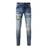 Marca de moda americana Jeans para hombre Azul Retro Ajustados Rasgados Estampado de Letras Hip Hop Jeans para Hombre Venta al por mayor