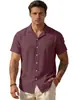 Moda Masculina de Verão Transfronteiriça Cor Sólida Gola Lapela Manga Curta Versátil Algodão Linho Camisa Design Chique Estilo Fashionável Camisa