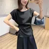 Elegante para el Trabajo: Top Elegante 100% Acetato con Lazos, Mangas Murciélago Plisadas y Diseño que Ceñe la Cintura, Blusa de Manga Corta para el Trabajo